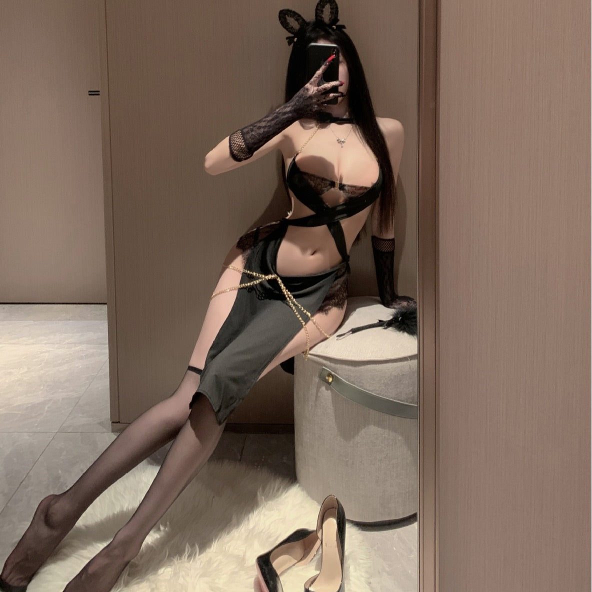Image of Erotic lingerie egyptian cat gold chain embellished dress set passionate hot pure desire free home adult sex